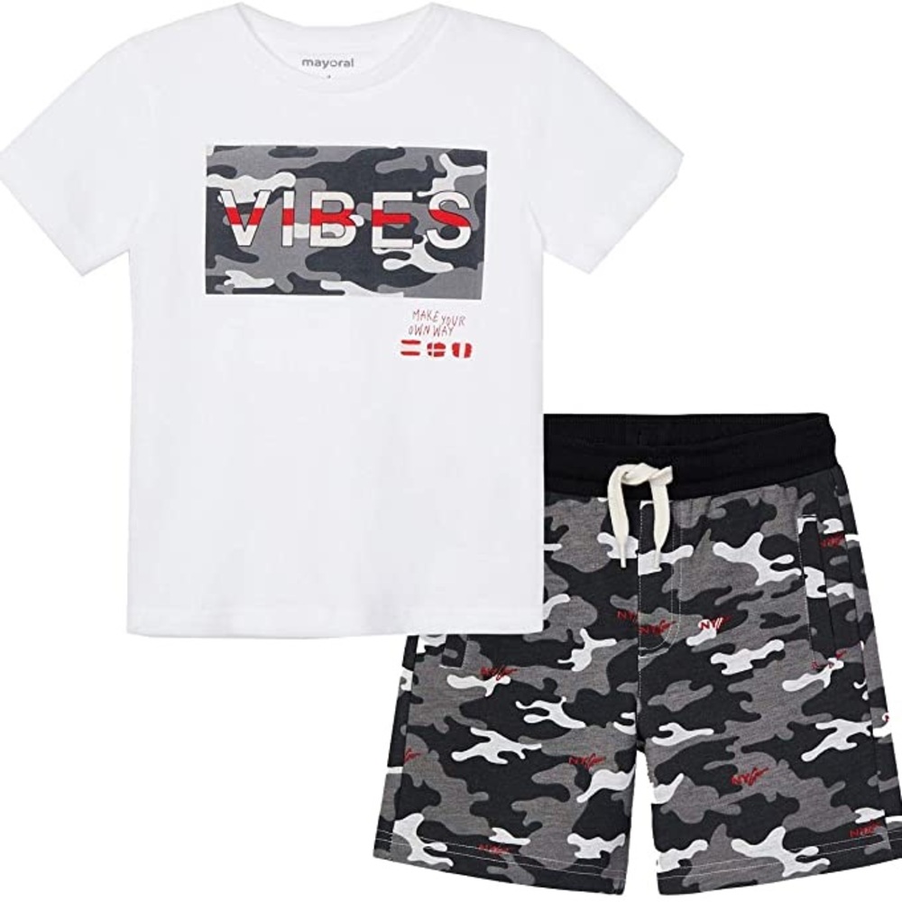 Size 7 Boys Mayoral White and Black Camo Kids Matching Set